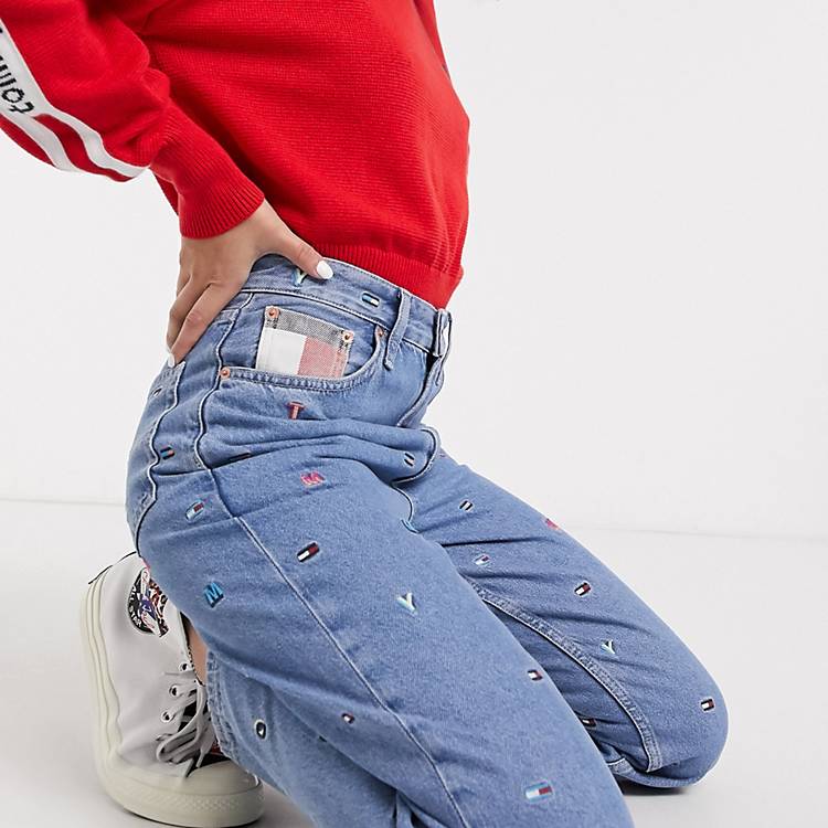 Tommy Jeans tapered mom jeans with all over embroidery in midwash blue |  ASOS