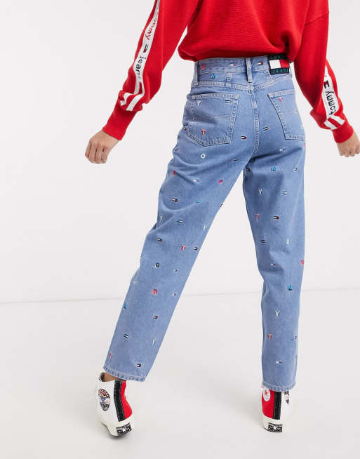 Tommy Jeans tapered mom jeans with all over embroidery in midwash blue