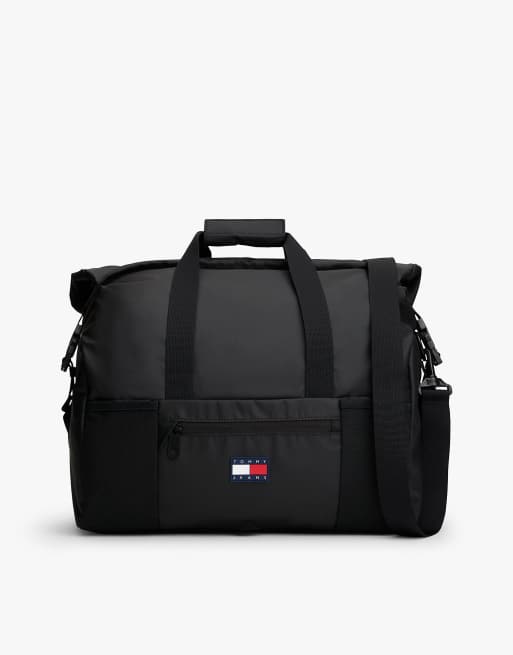 Tommy Jeans – Tech – Wasserdichte Ripstop-Reisetasche in Schwarz mit Roll-Top-Verschluss