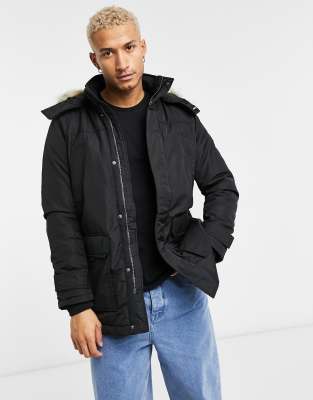 tommy jeans technical quilted parka faux fur trim hood in black