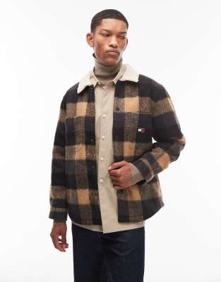 Tommy Jeans Check Sherpa Collar Jacket In Brown