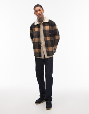 Tommy Jeans Check Sherpa Collar Jacket In Brown
