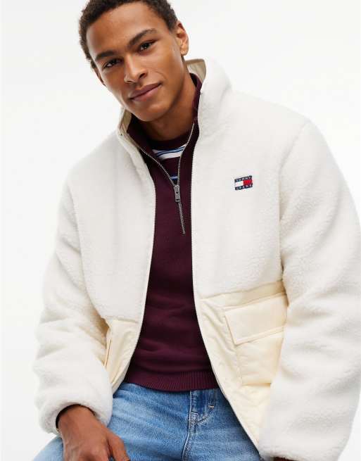 Tommy Jeans Teddy contrast texture relaxed jacket in cream, 3 of 6