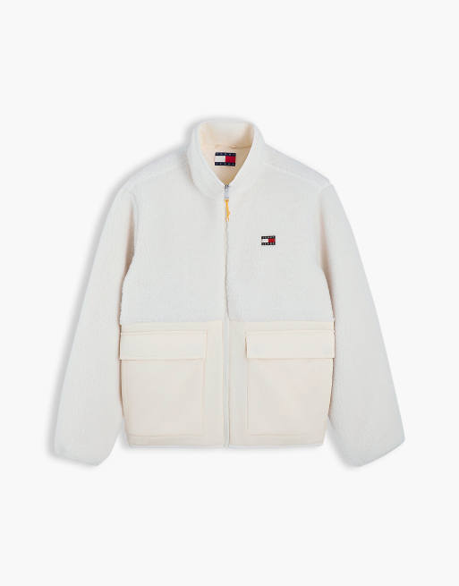 Tommy Jeans Teddy contrast texture relaxed jacket in cream, 5 of 6