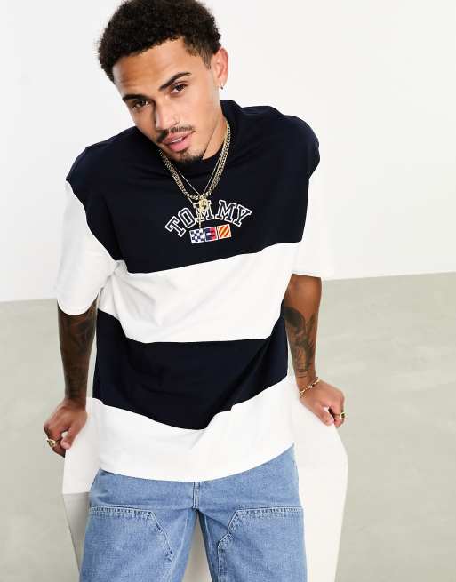 Tommy Jeans textured logo t-shirt in blue stripe
