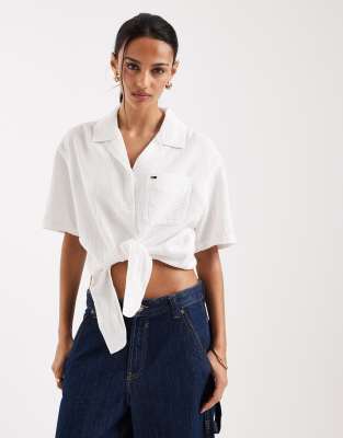Tommy Jeans textured tie front short sleeve shirt in white