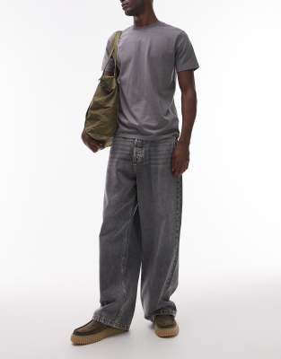 Theo - Baggy Jeans in verwaschenem Grau mit Tasche mit Flaggen-Design Grau W30 L34
