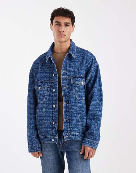 Tommy Jeans Theo oversized trucker jacket with over all print in mid wash blue - view 1