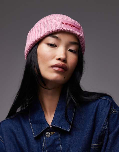 Tommy Jeans thick rib beanie in pink and red - view 1