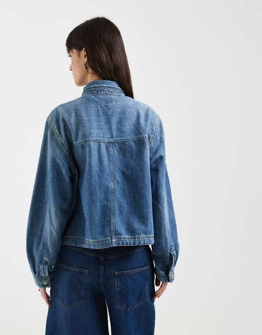 Tommy Jeans tie detail jacket in mid wash blue, 4 of 5