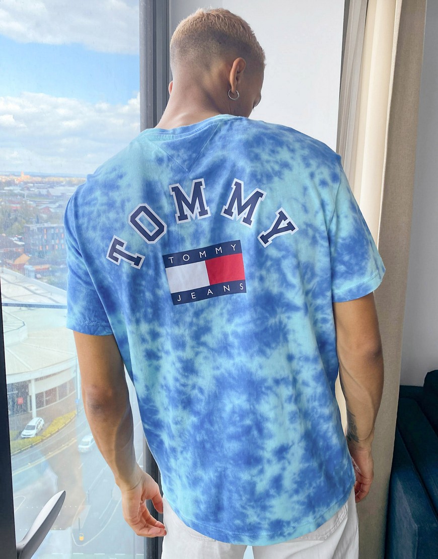 Tommy Jeans tie dye limited capsule back flag logo print relaxed fit t-shirt in blue-Blues