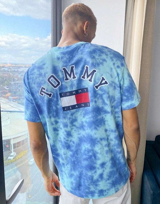 Tommy Jeans tie dye limited capsule back flag logo print relaxed fit t-shirt in blue