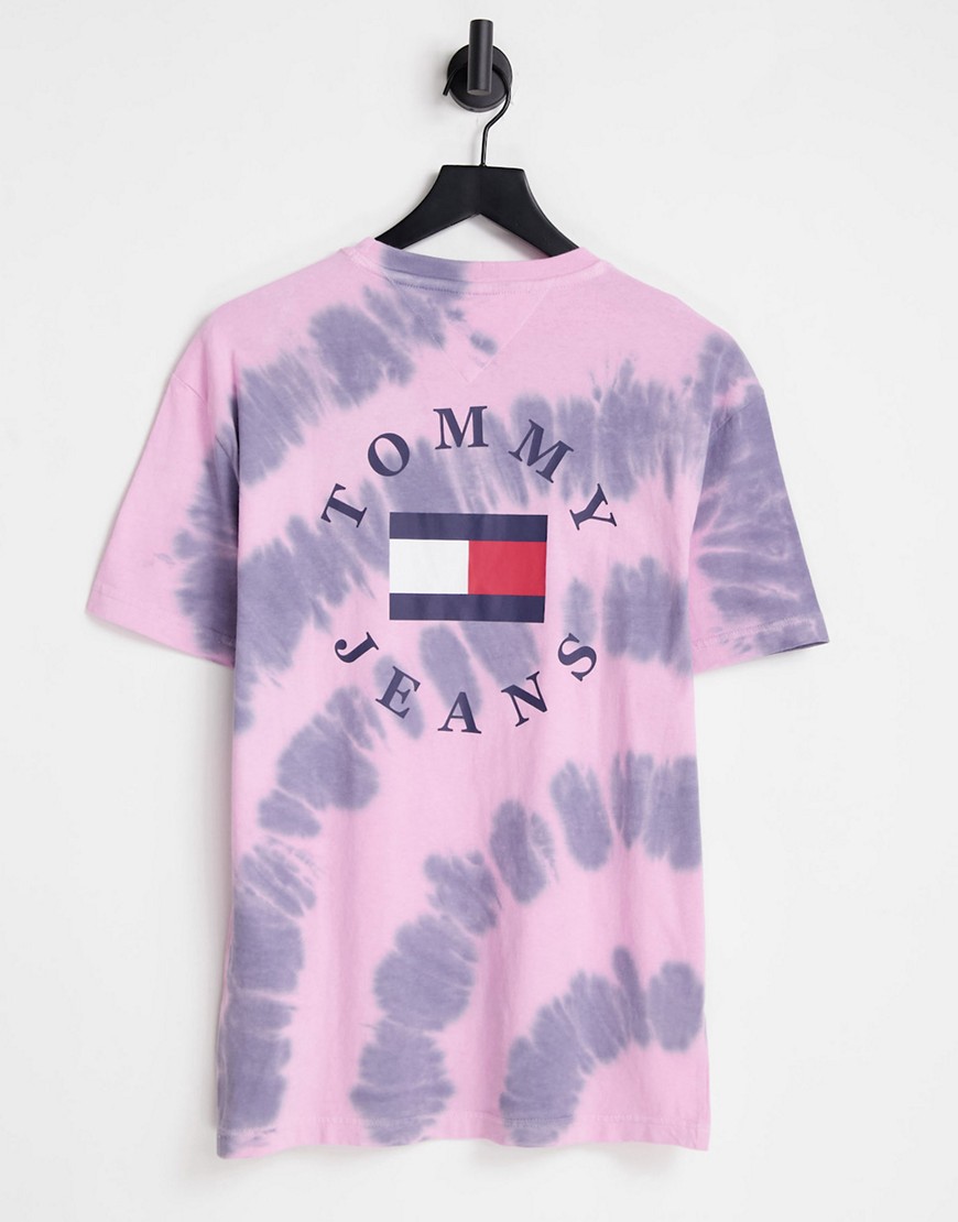 Tommy Jeans tie dye limited capsule central flag logo print t-shirt in pink