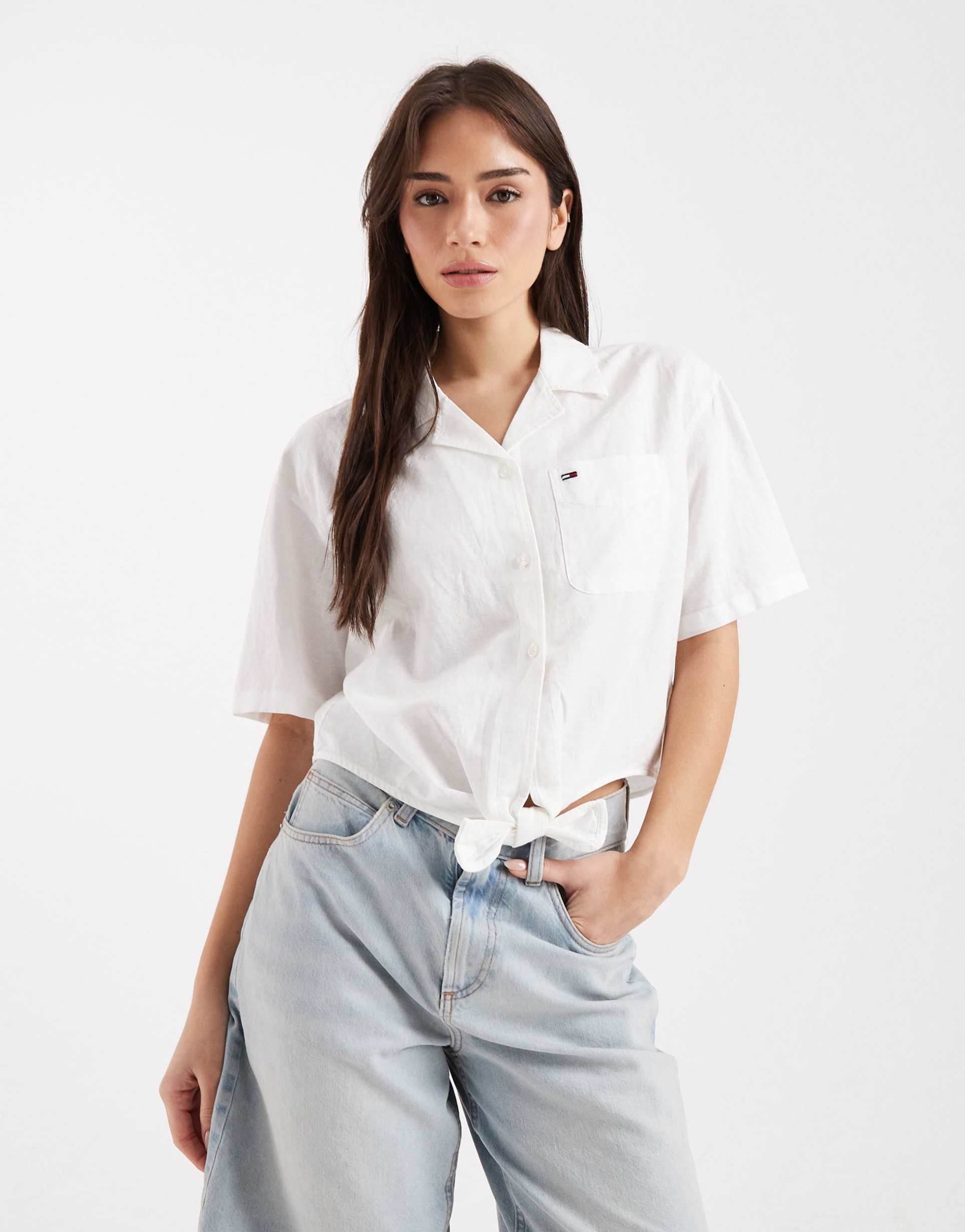 tommy jeans tie front linen blend shirt in off white