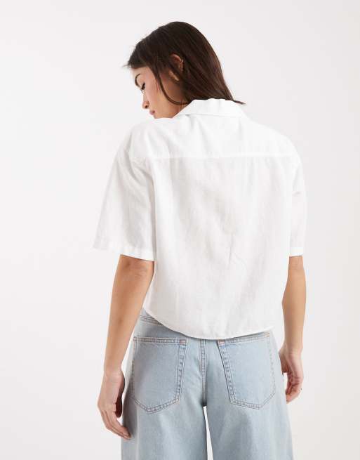 Tommy Jeans tie front linen shirt in off white, 2 of 4
