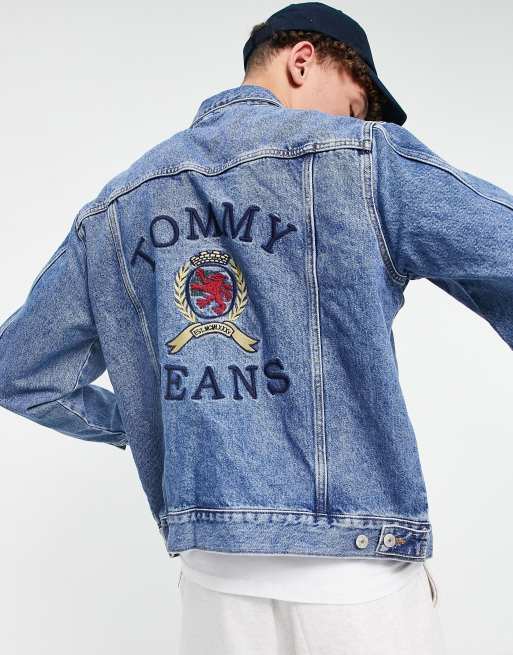 Tommy Jeans flag print oversized denim trucker jacket in mid wash