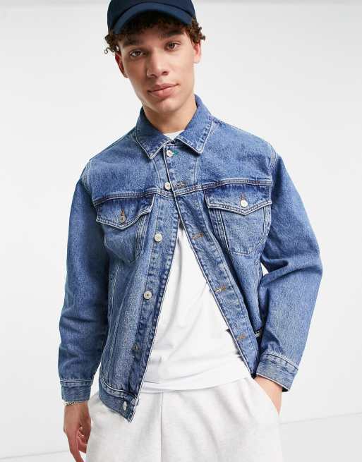 Tommy Jeans flag print oversized denim trucker jacket in mid wash