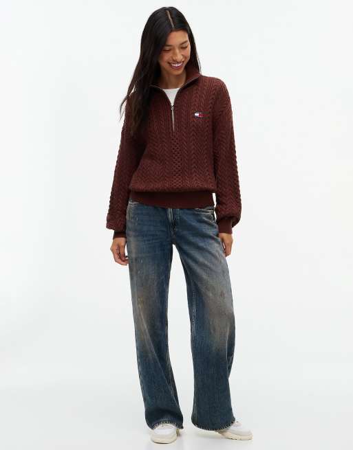 Tommy Jeans Tommy badge cable knit oversized jumper in pure brown, 2 of 7