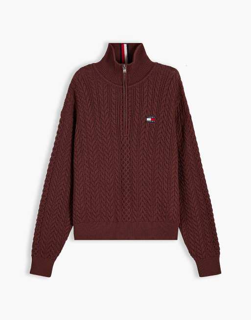Tommy Jeans Tommy badge cable knit oversized jumper in pure brown, 6 of 7