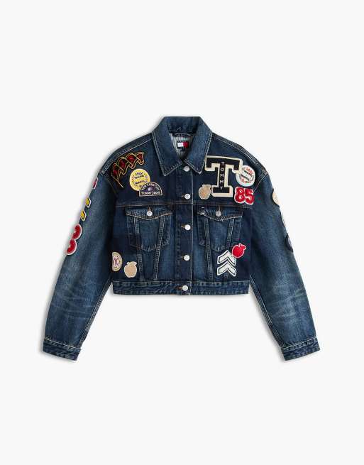 Tommy Jeans Tommy badge cropped denim trucker jacket in denim dark, 6 of 6