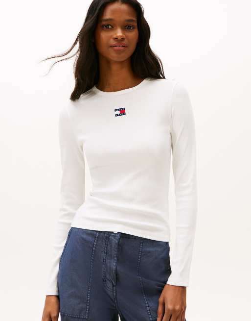 Tommy Jeans Tommy badge slim long sleeve t-shirt in white