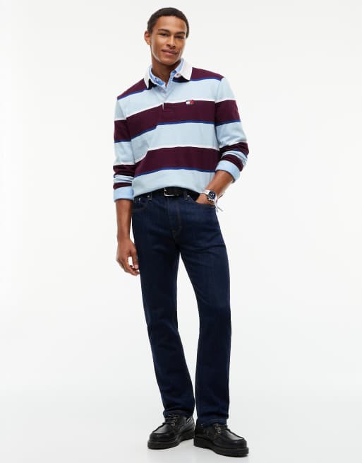Tommy Jeans Tommy badge stripe relaxed rugby shirt in calypso berry stripe, 2 of 6