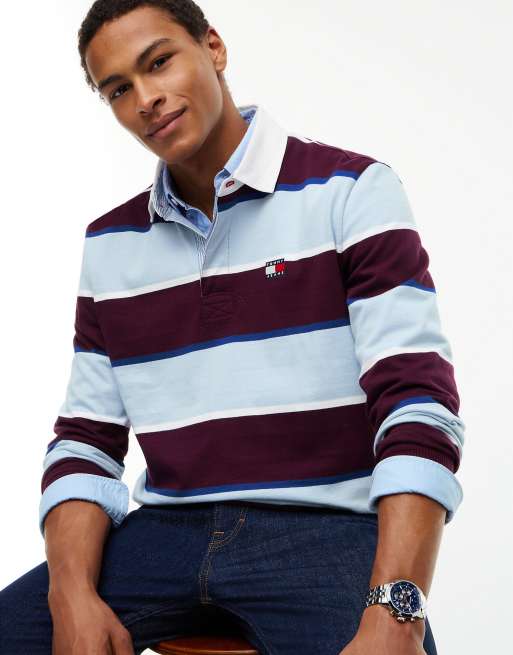 Tommy Jeans Tommy badge stripe relaxed rugby shirt in calypso berry stripe, 3 of 6