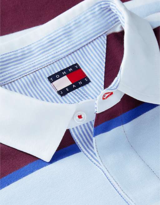Tommy Jeans Tommy badge stripe relaxed rugby shirt in calypso berry stripe, 6 of 6