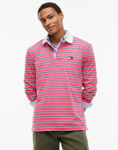 Tommy Jeans Tommy badge stripe relaxed rugby shirt in pink alert stripe - view 1