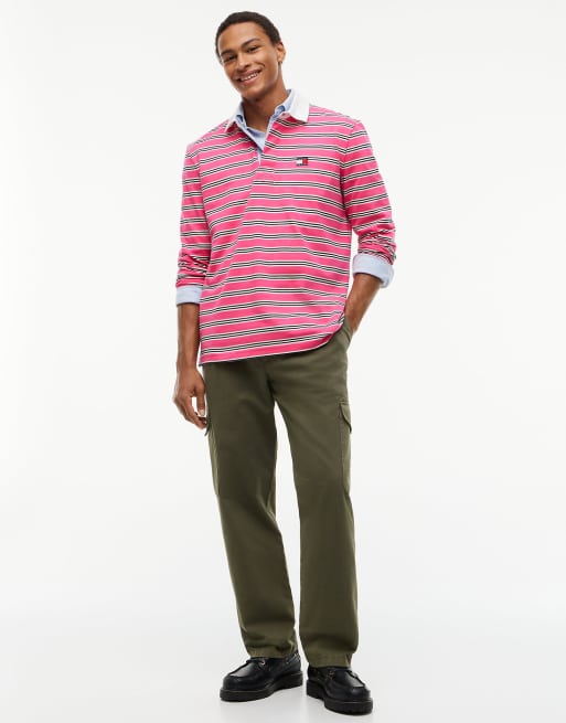 Tommy Jeans Tommy badge stripe relaxed rugby shirt in pink alert stripe, 2 of 6