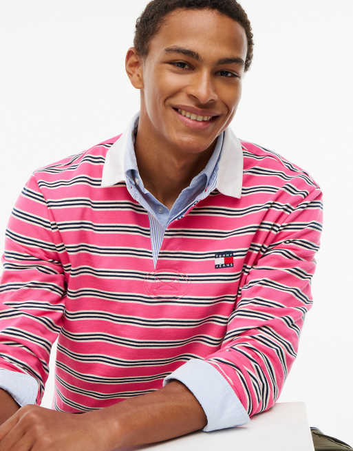 Tommy Jeans Tommy badge stripe relaxed rugby shirt in pink alert stripe, 3 of 6