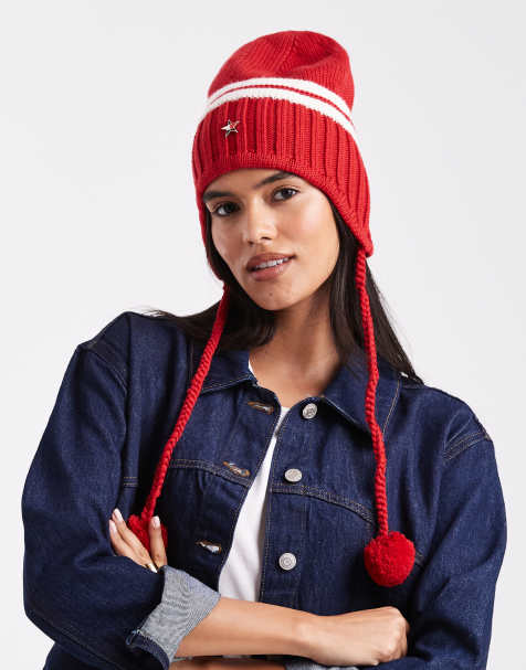 Tommy Jeans Tommy Girl chunky knit hat with pom-pom ties in red - view 1