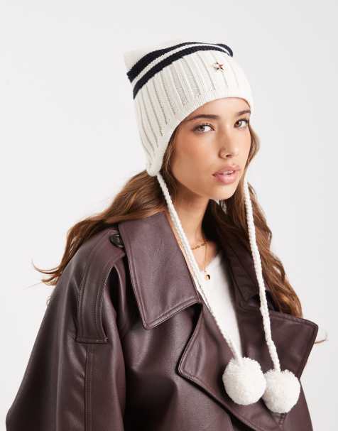 Tommy Jeans tommy girl chunky knit hat with pom ties in white - view 1