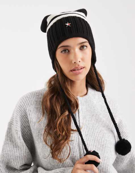 Tommy Jeans Tommy Girl chunky knitted hat with pom ties in black - view 1