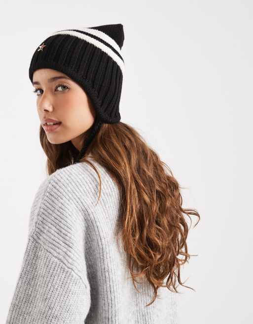 Tommy Jeans Tommy Girl chunky knitted hat with pom ties in black, 3 of 3