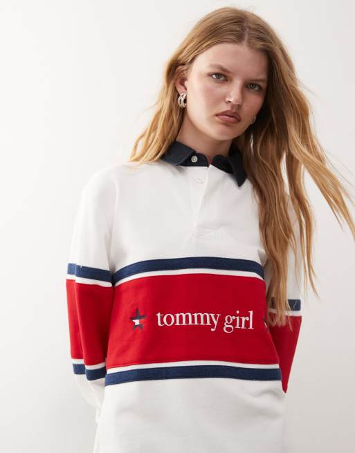 Tommy Jeans tommy girl color block rugby top in white