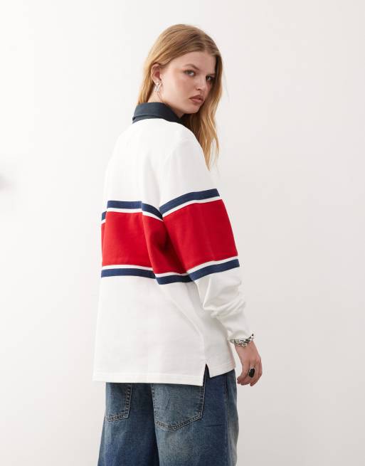 Tommy Jeans tommy girl color block rugby top in white