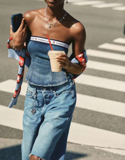 Tommy Jeans tommy girl denim bandeau top in dark wash - view 1