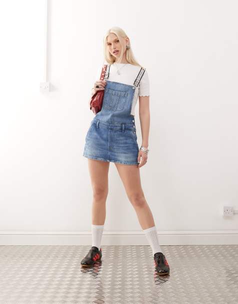 Tommy Jeans tommy girl denim dungaree dress in dark wash