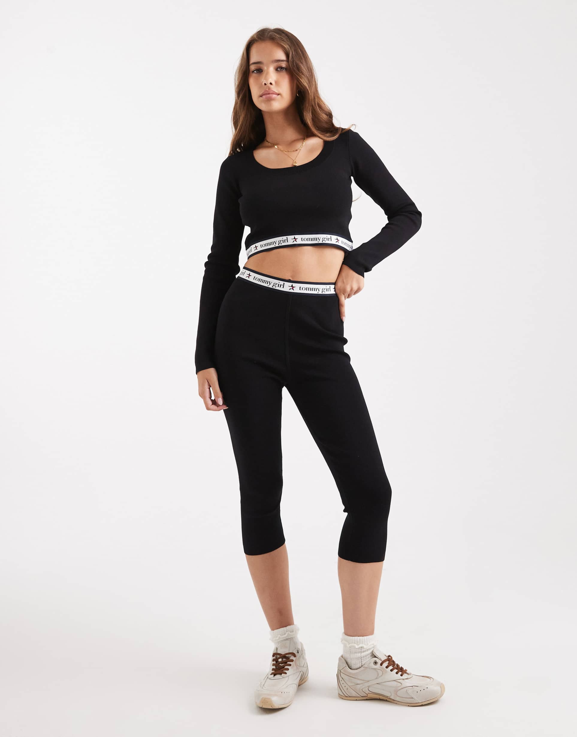 tommy jeans tommy girl knit capri pants with logo band in black