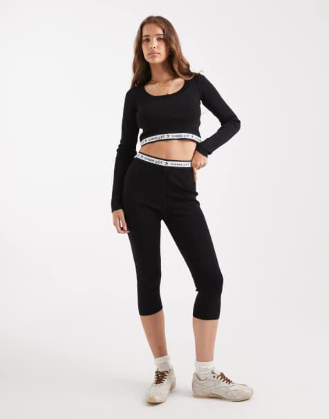 Tommy Jeans tommy girl knitted capri pants with logo band in black - view 1