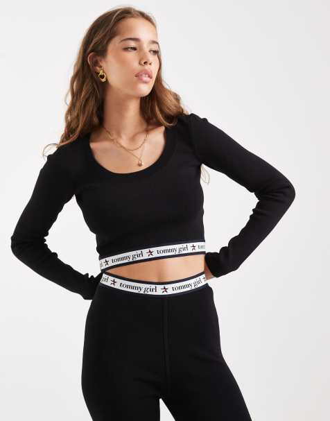 Tommy Jeans Tommy Girl knitted crop long sleeve top with logo band in black - view 1