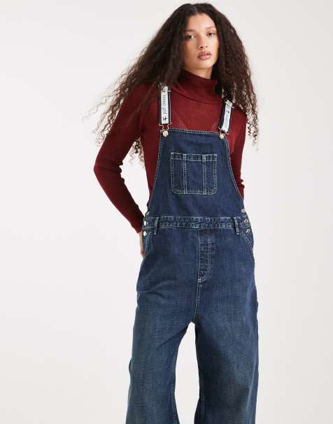 Tommy Jeans Tommy Girl logo denim dungaree in mid blue - view 1
