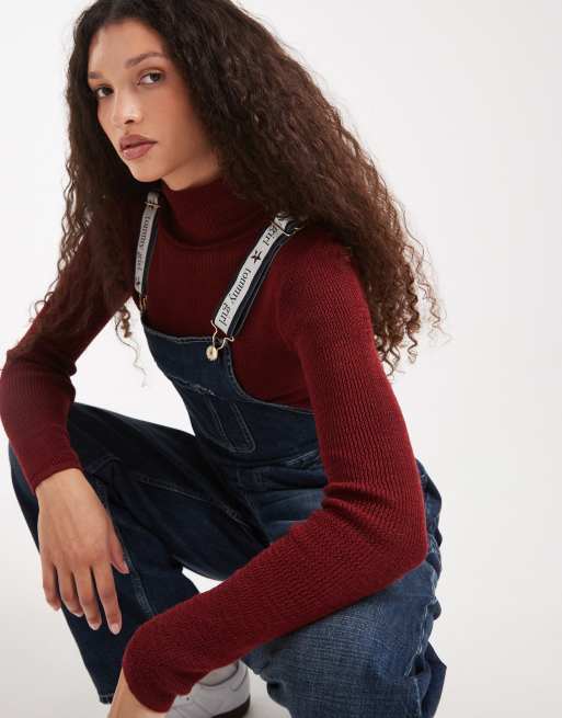 Tommy Jeans Tommy Girl logo denim dungaree in mid blue, 2 of 4