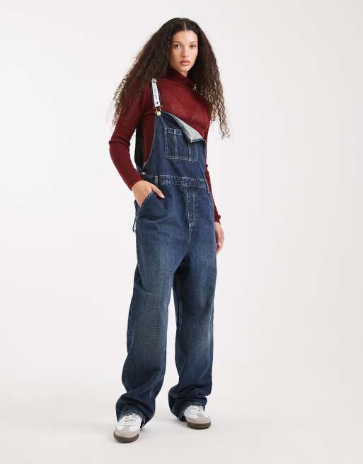 Tommy Jeans Tommy Girl logo denim overalls in mid blue, 3 of 4