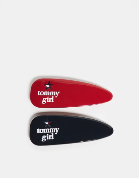 Tommy Jeans Tommy Girl logo hair clips in navy & red - view 1