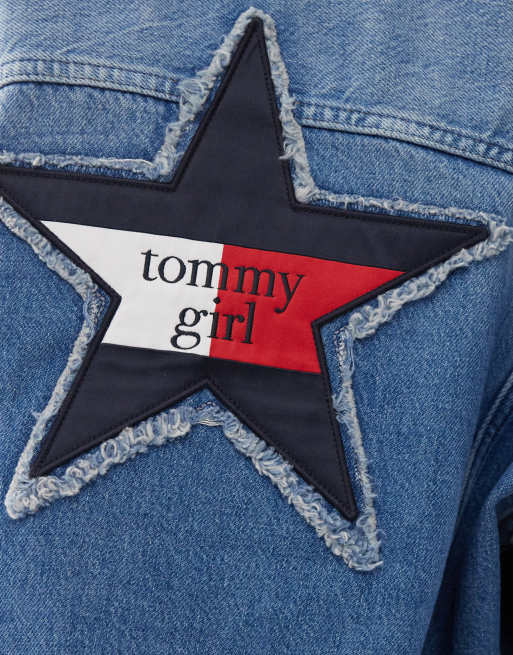 Tommy Jeans tommy girl oversized cropped star denim jacket in dark wash, 3 of 4