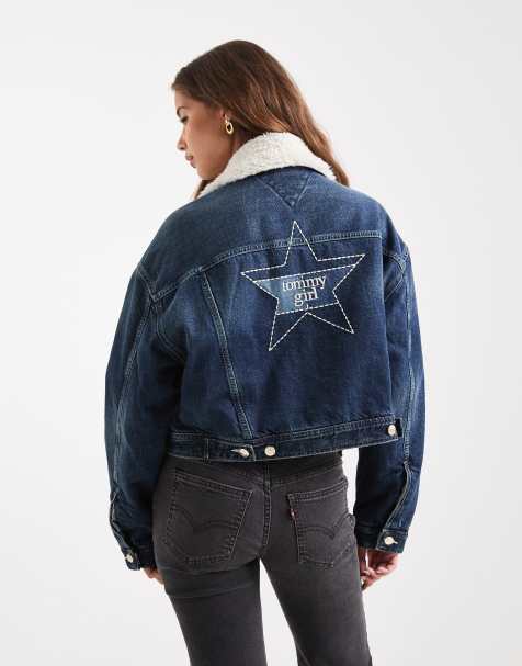 Tommy Jeans tommy girl padded denim trucker jacket with contrast borg collar in mid blue - view 1
