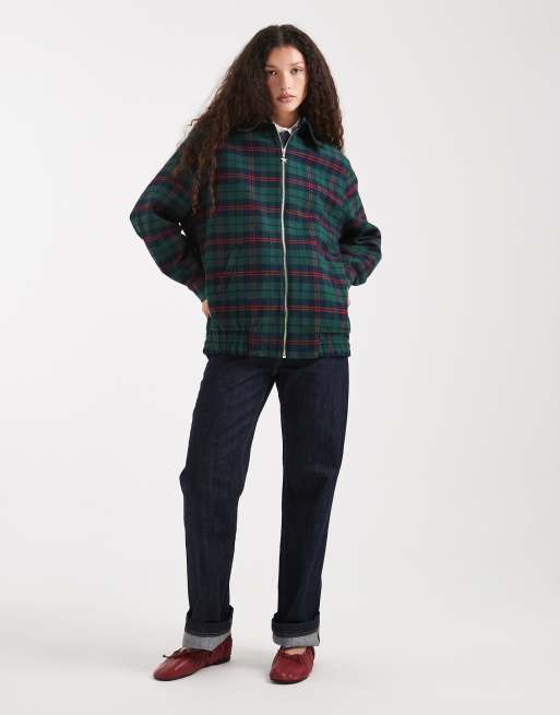 Tommy Jeans Tommy Girl padded tartan zip thru jacket in green, 2 of 4