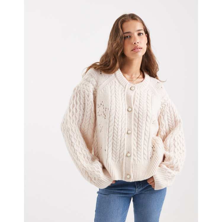 Tommy Jeans tommy girl preppy cable knit cardigan in cream | ASOS